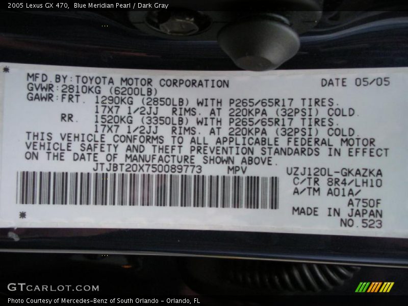 Blue Meridian Pearl / Dark Gray 2005 Lexus GX 470