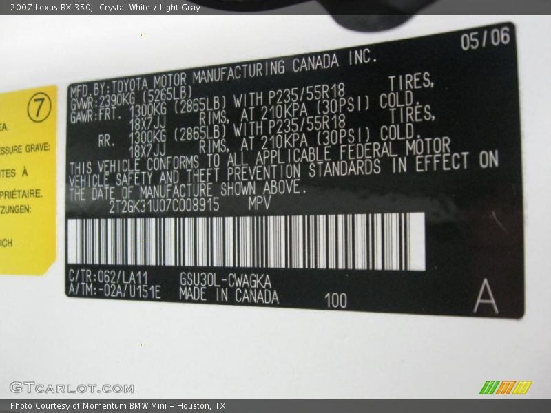 Crystal White / Light Gray 2007 Lexus RX 350