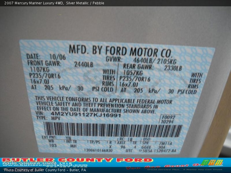 Silver Metallic / Pebble 2007 Mercury Mariner Luxury 4WD