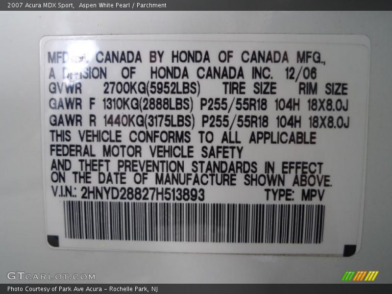 Aspen White Pearl / Parchment 2007 Acura MDX Sport