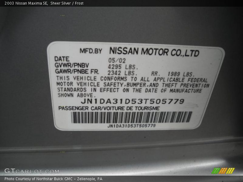Sheer Silver / Frost 2003 Nissan Maxima SE
