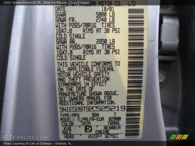Silver Ice Metallic / Gray Celadon 2002 Nissan Xterra SE V6