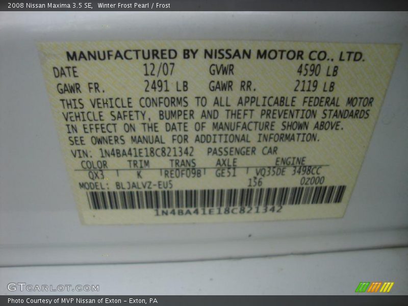 Winter Frost Pearl / Frost 2008 Nissan Maxima 3.5 SE