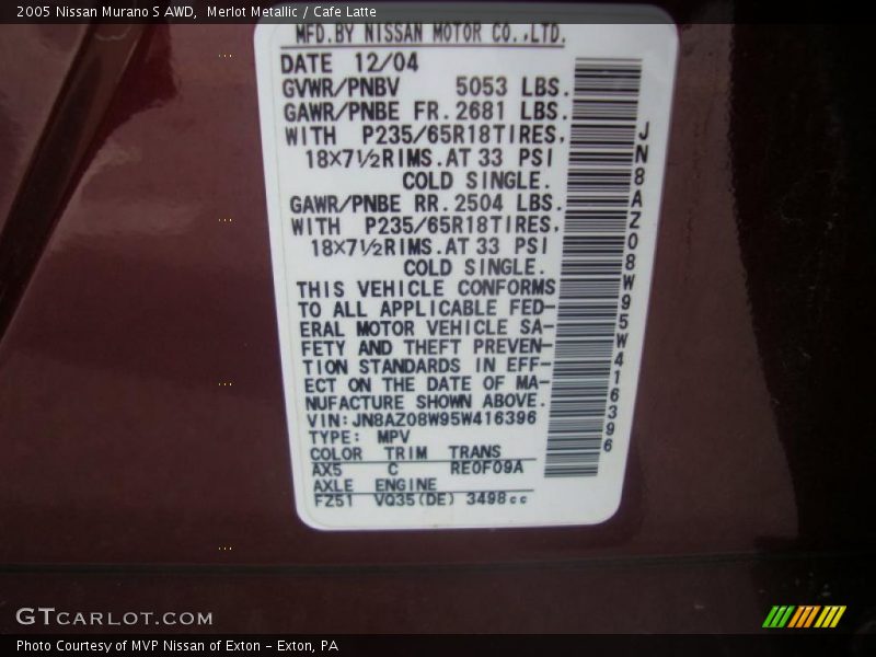 Merlot Metallic / Cafe Latte 2005 Nissan Murano S AWD