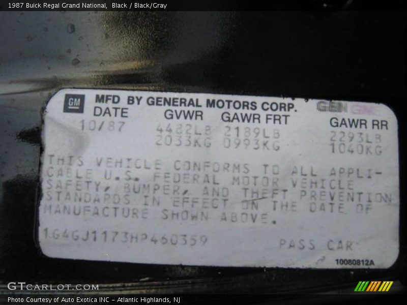 Black / Black/Gray 1987 Buick Regal Grand National