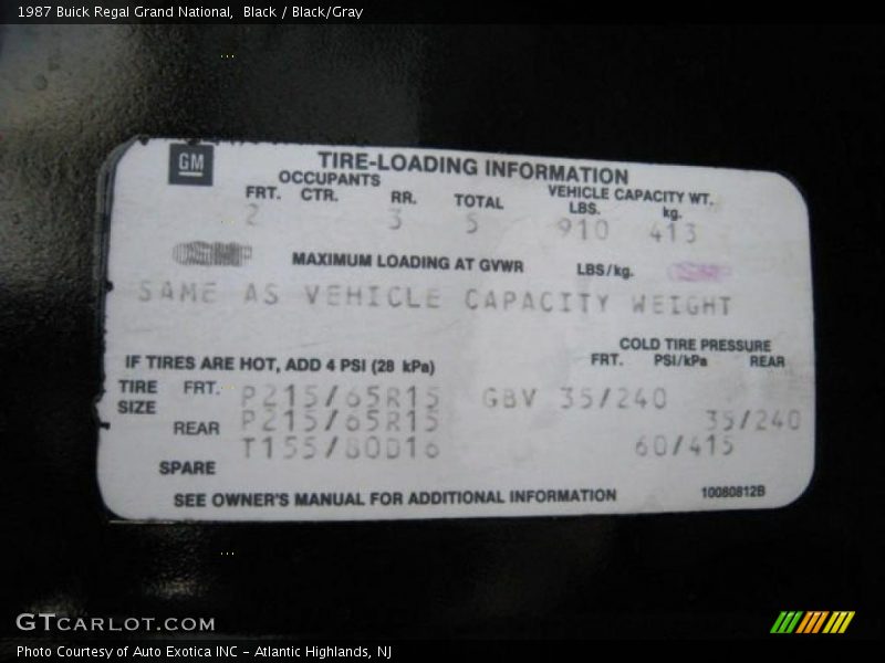 Black / Black/Gray 1987 Buick Regal Grand National