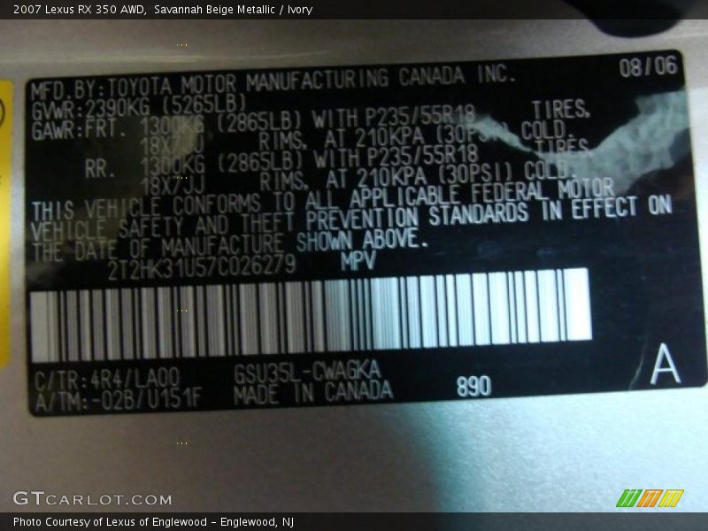 Savannah Beige Metallic / Ivory 2007 Lexus RX 350 AWD