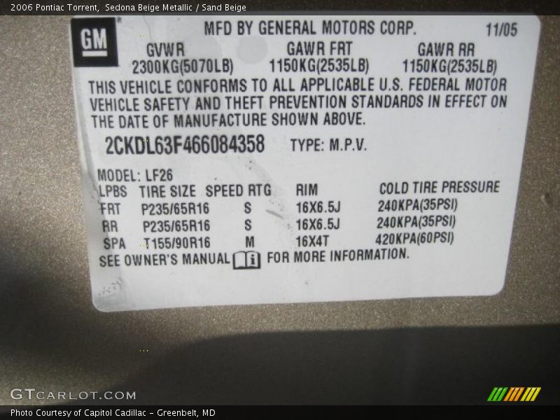 Sedona Beige Metallic / Sand Beige 2006 Pontiac Torrent