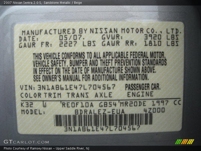 Sandstone Metallic / Beige 2007 Nissan Sentra 2.0 S