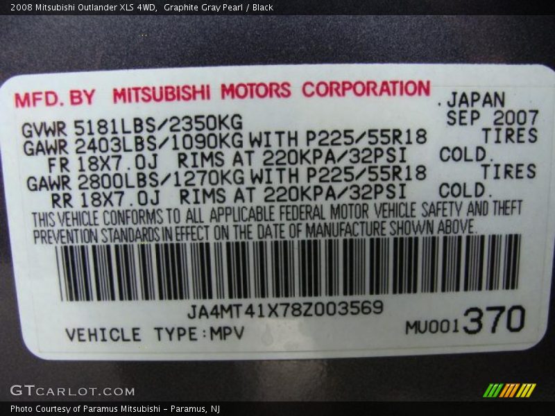 Graphite Gray Pearl / Black 2008 Mitsubishi Outlander XLS 4WD
