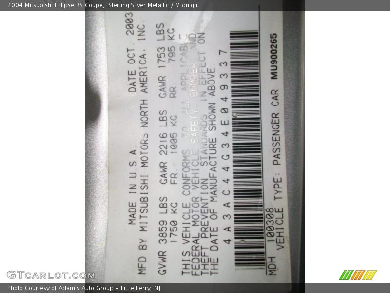 Sterling Silver Metallic / Midnight 2004 Mitsubishi Eclipse RS Coupe