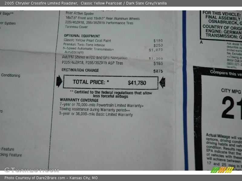 Classic Yellow Pearlcoat / Dark Slate Grey/Vanilla 2005 Chrysler Crossfire Limited Roadster