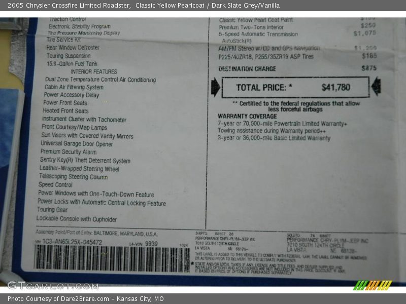 Classic Yellow Pearlcoat / Dark Slate Grey/Vanilla 2005 Chrysler Crossfire Limited Roadster