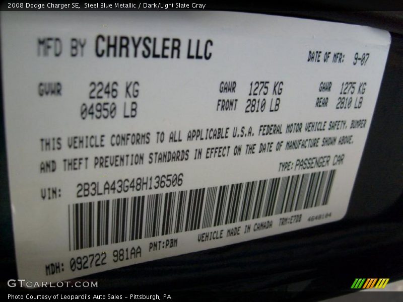 Steel Blue Metallic / Dark/Light Slate Gray 2008 Dodge Charger SE