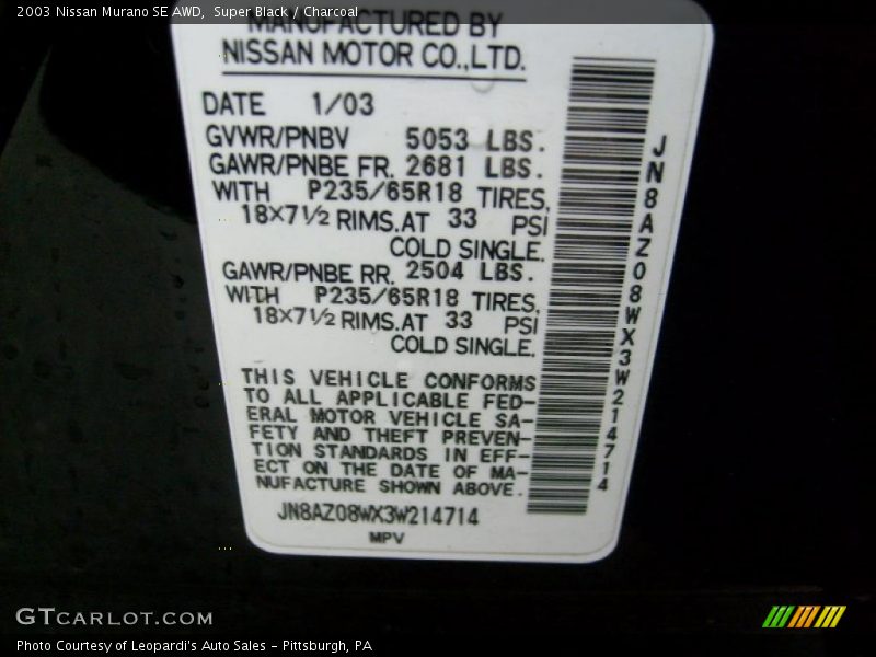 Super Black / Charcoal 2003 Nissan Murano SE AWD