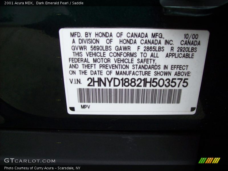 Dark Emerald Pearl / Saddle 2001 Acura MDX