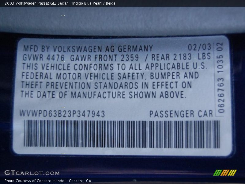 Indigo Blue Pearl / Beige 2003 Volkswagen Passat GLS Sedan