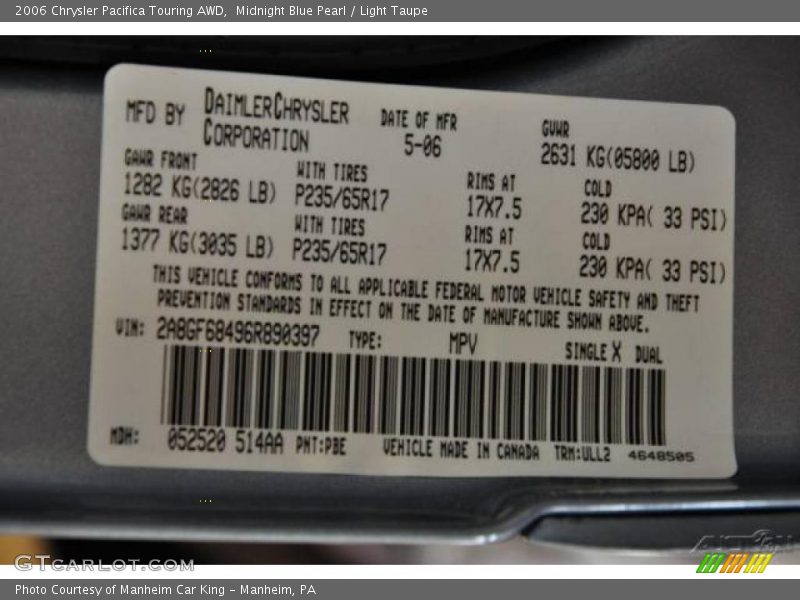 Midnight Blue Pearl / Light Taupe 2006 Chrysler Pacifica Touring AWD