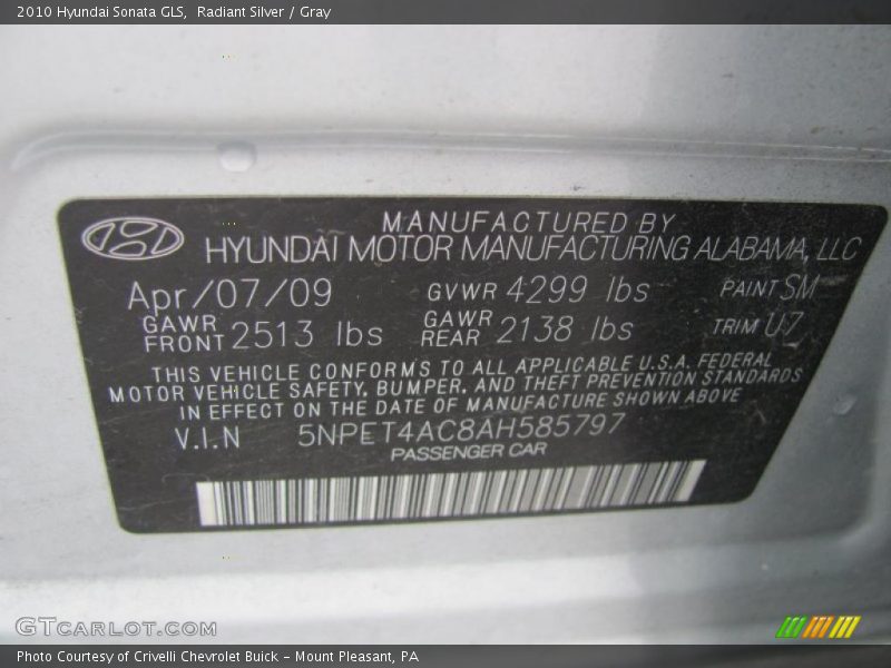 Radiant Silver / Gray 2010 Hyundai Sonata GLS