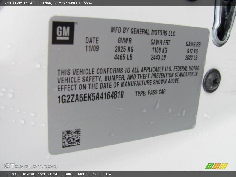 Summit White / Ebony 2010 Pontiac G6 GT Sedan