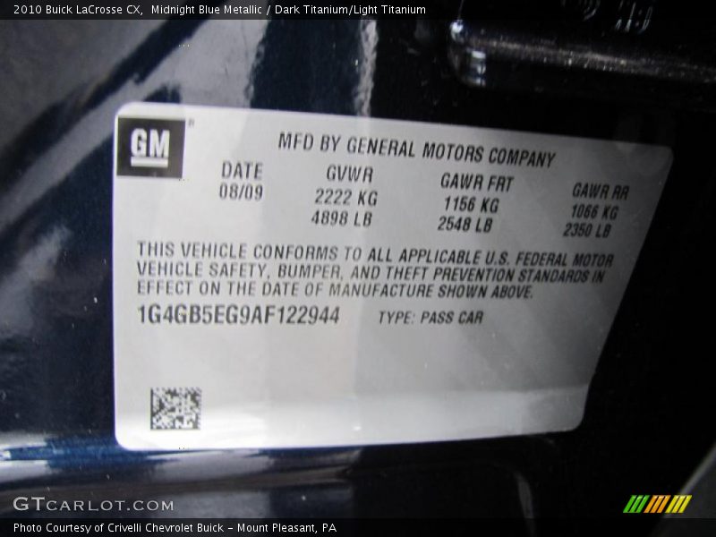 Midnight Blue Metallic / Dark Titanium/Light Titanium 2010 Buick LaCrosse CX