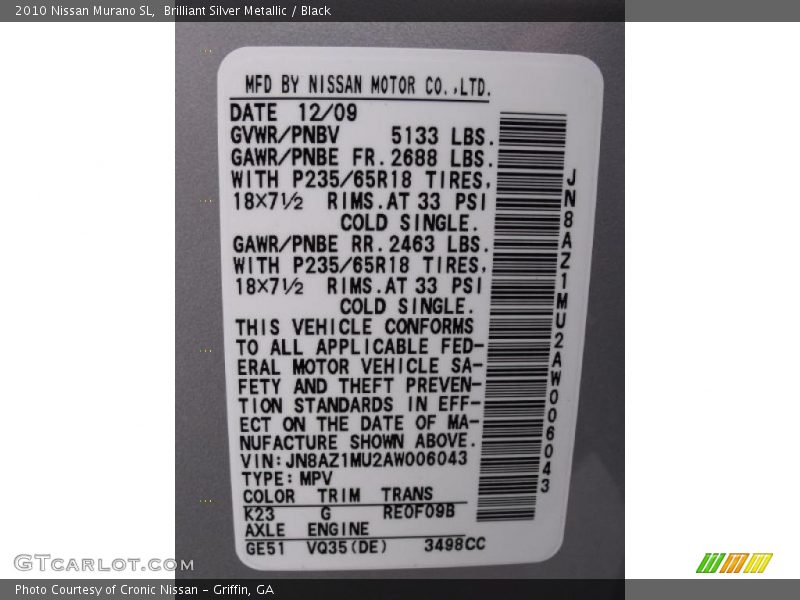 Brilliant Silver Metallic / Black 2010 Nissan Murano SL