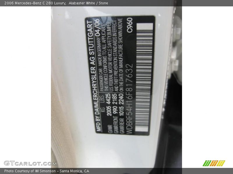 Alabaster White / Stone 2006 Mercedes-Benz C 280 Luxury