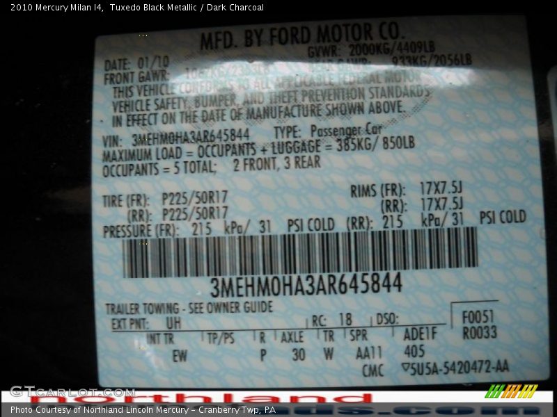 Tuxedo Black Metallic / Dark Charcoal 2010 Mercury Milan I4