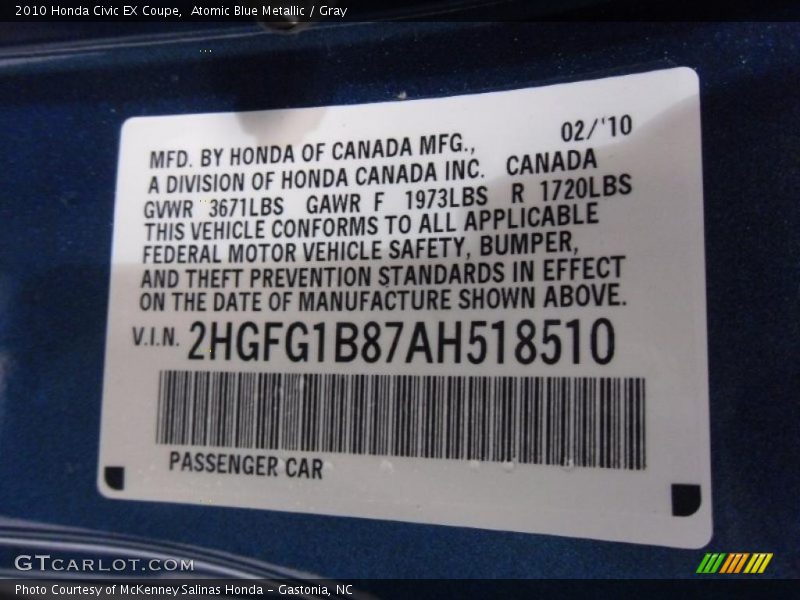 Atomic Blue Metallic / Gray 2010 Honda Civic EX Coupe