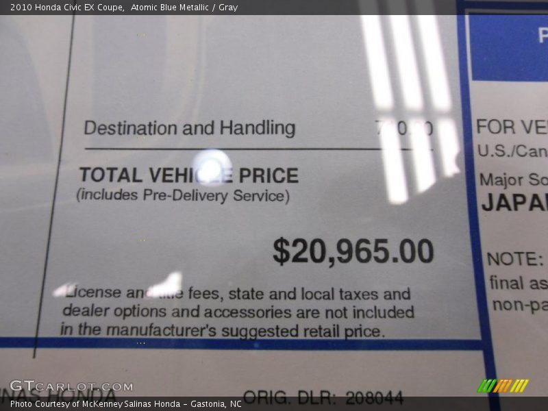Atomic Blue Metallic / Gray 2010 Honda Civic EX Coupe