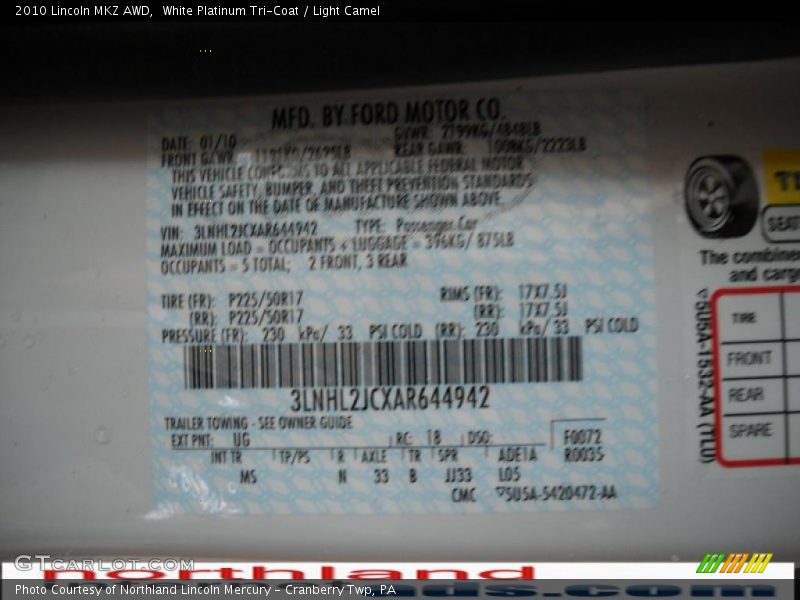 White Platinum Tri-Coat / Light Camel 2010 Lincoln MKZ AWD