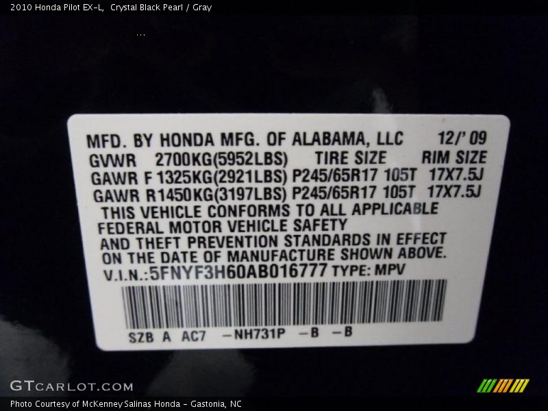 Crystal Black Pearl / Gray 2010 Honda Pilot EX-L