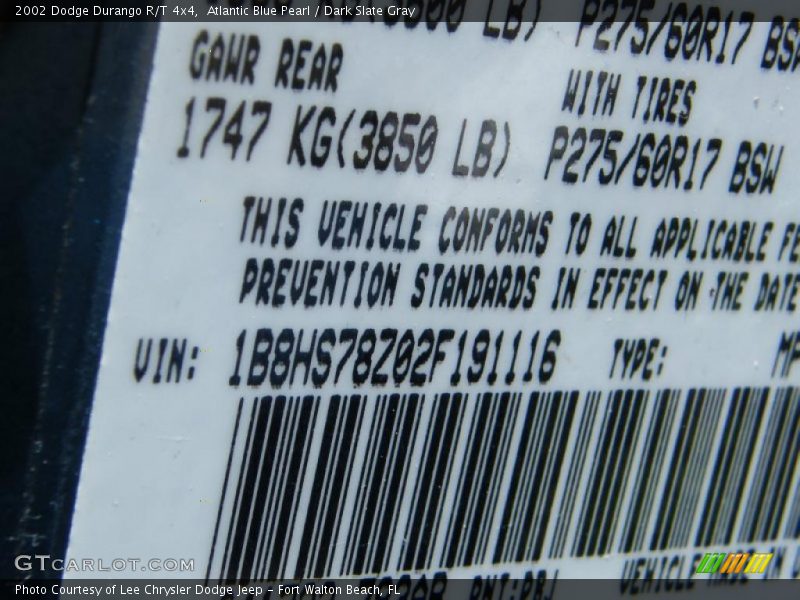 Atlantic Blue Pearl / Dark Slate Gray 2002 Dodge Durango R/T 4x4