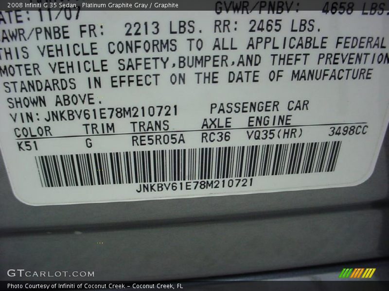 Platinum Graphite Gray / Graphite 2008 Infiniti G 35 Sedan