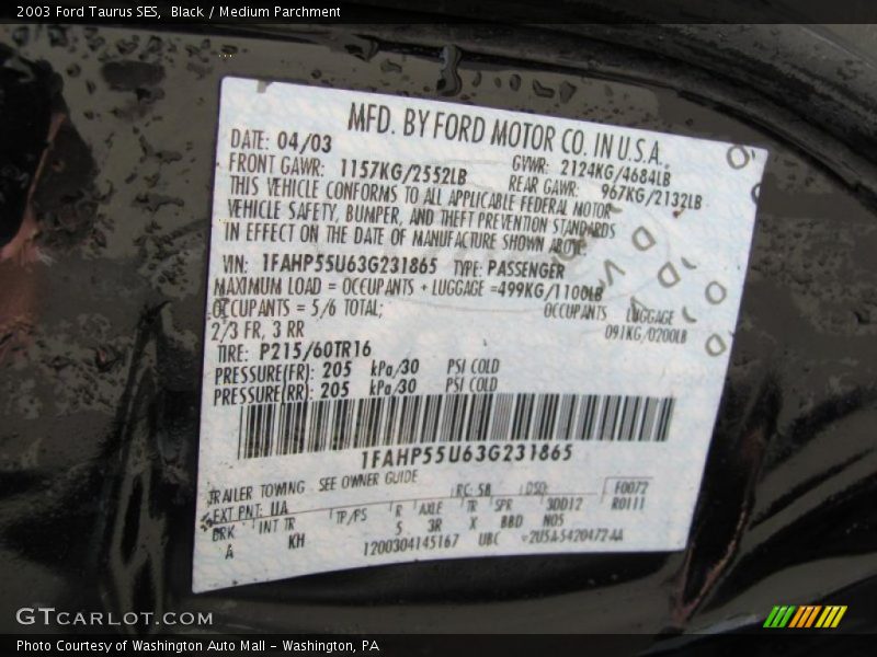 Black / Medium Parchment 2003 Ford Taurus SES