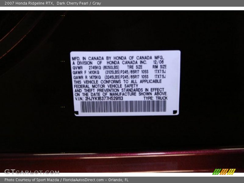 Dark Cherry Pearl / Gray 2007 Honda Ridgeline RTX