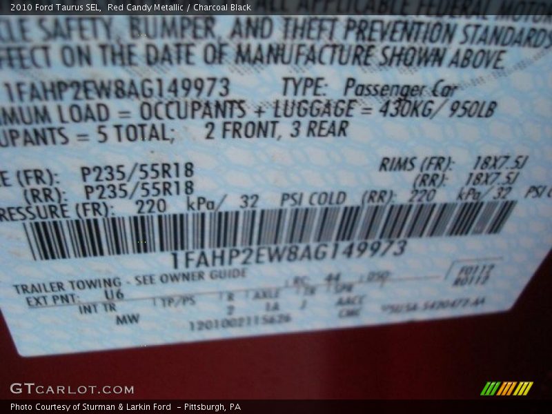 Red Candy Metallic / Charcoal Black 2010 Ford Taurus SEL