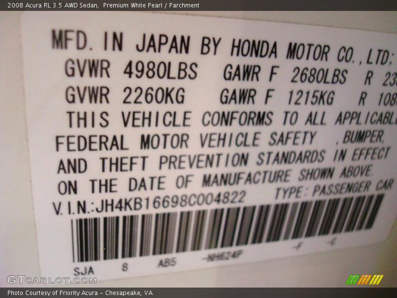 Premium White Pearl / Parchment 2008 Acura RL 3.5 AWD Sedan
