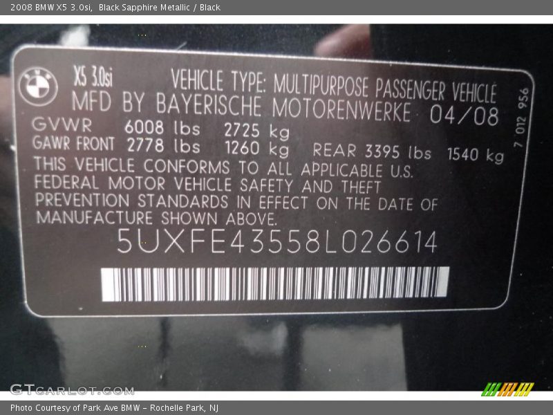 Black Sapphire Metallic / Black 2008 BMW X5 3.0si