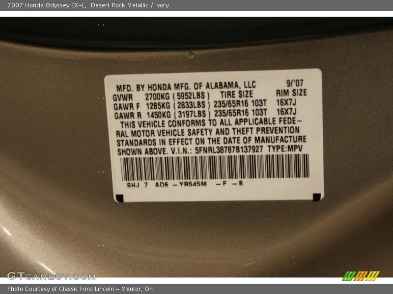 Desert Rock Metallic / Ivory 2007 Honda Odyssey EX-L
