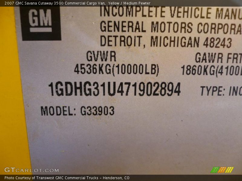 Yellow / Medium Pewter 2007 GMC Savana Cutaway 3500 Commercial Cargo Van
