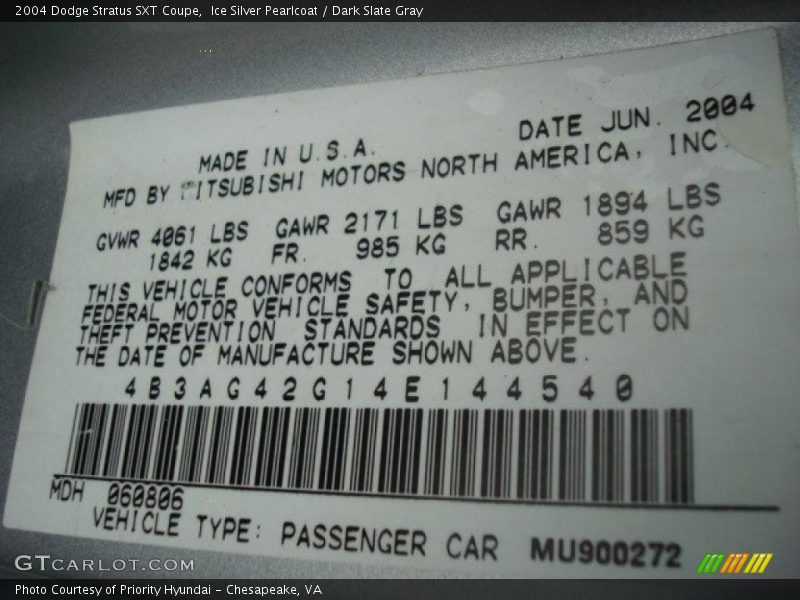 Ice Silver Pearlcoat / Dark Slate Gray 2004 Dodge Stratus SXT Coupe