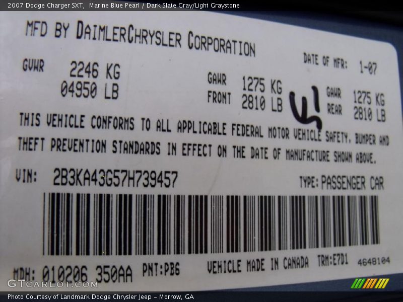 2007 Charger SXT Marine Blue Pearl Color Code PB6