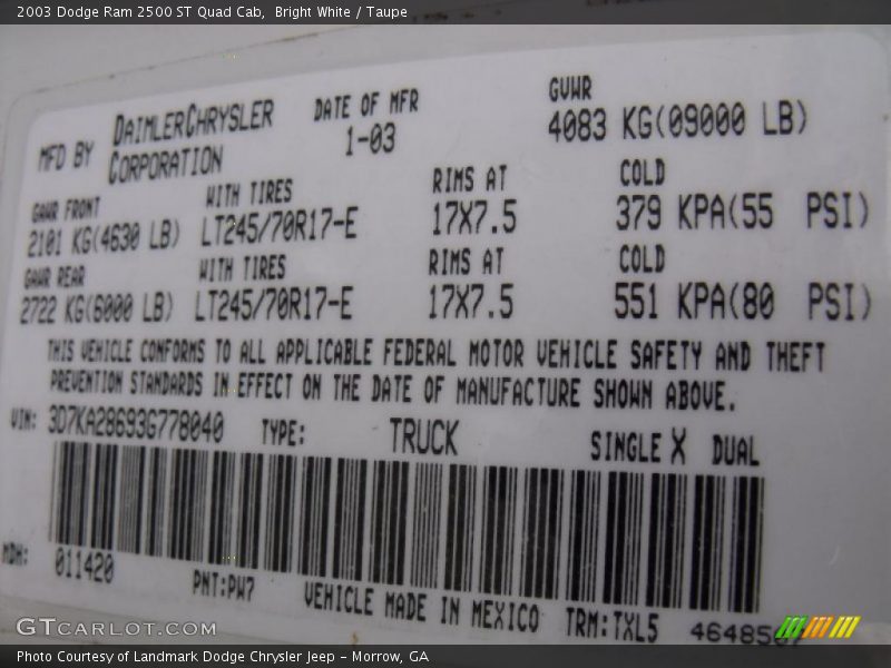 Bright White / Taupe 2003 Dodge Ram 2500 ST Quad Cab