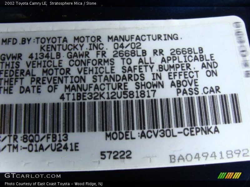 2002 Camry LE Stratosphere Mica Color Code 8Q0