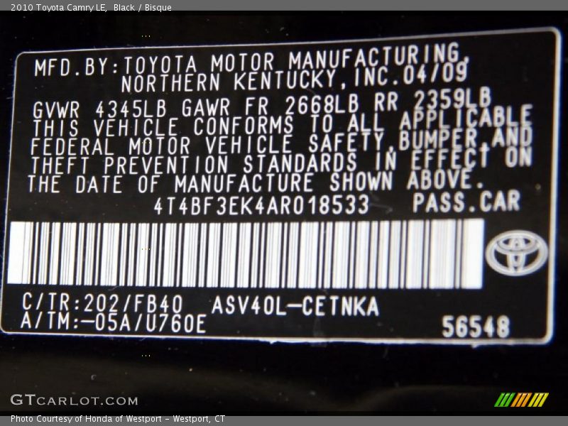 Black / Bisque 2010 Toyota Camry LE