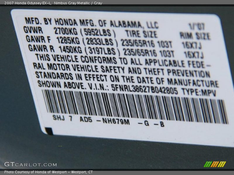 Nimbus Gray Metallic / Gray 2007 Honda Odyssey EX-L