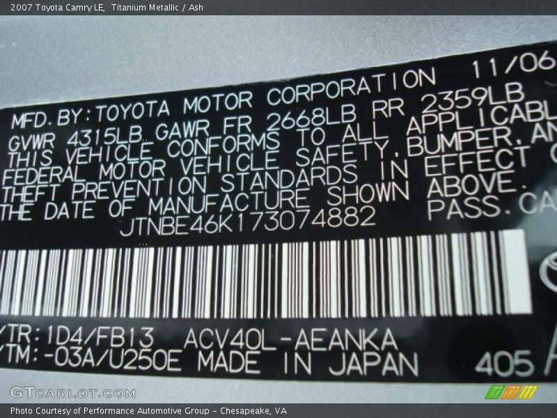 Titanium Metallic / Ash 2007 Toyota Camry LE