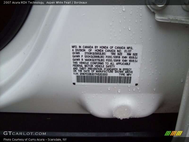 Aspen White Pearl / Bordeaux 2007 Acura MDX Technology