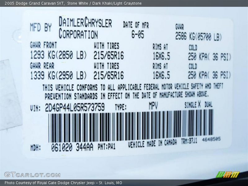 Stone White / Dark Khaki/Light Graystone 2005 Dodge Grand Caravan SXT